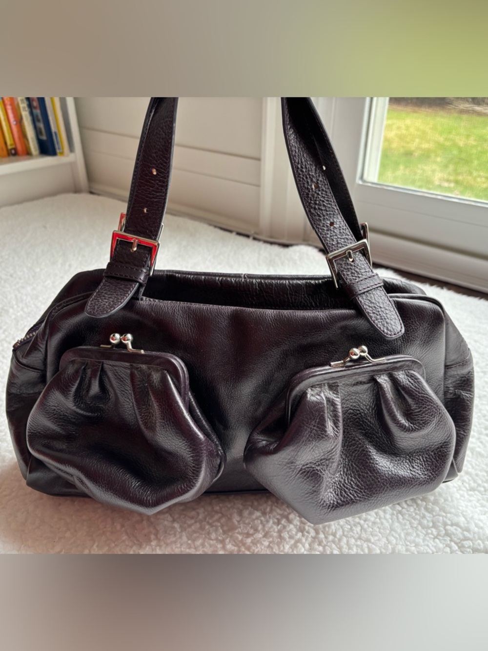 Latico Vintage East West Plum Real Leather Shoulder Bag Front Kiss-Lock Pouches